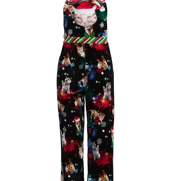 Christmas cat velvet romper/jumpsuit - Santa Cat - Ugly Sweater - Juniors LARGE - Picture 5 of 6